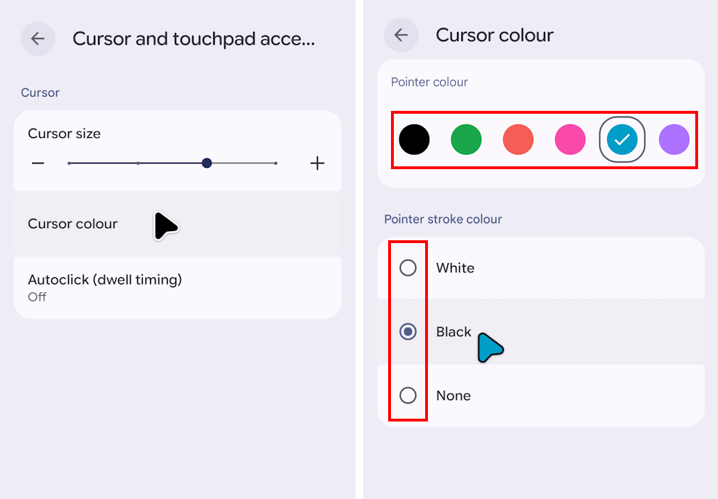 Click Cursor colour then select a new colour. 